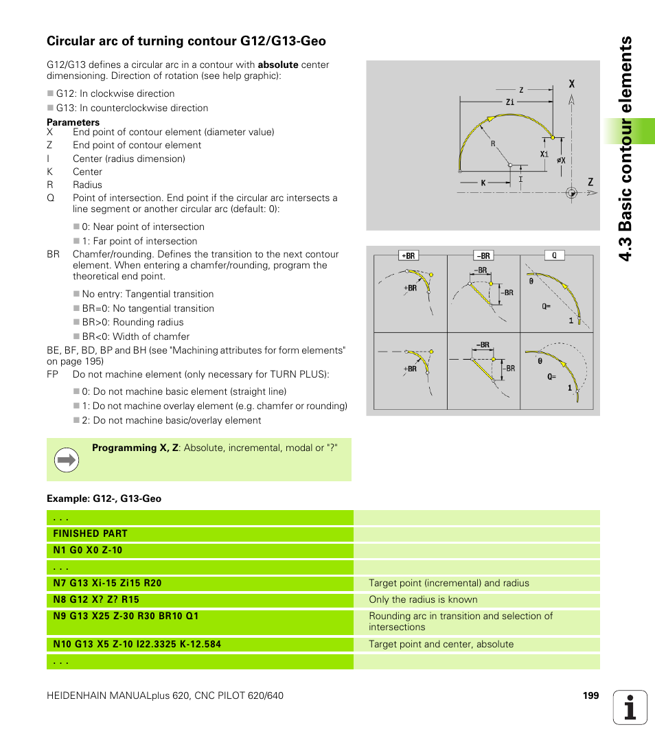 Circular arc of turning contour g12/g13-geo, 3 basic cont our elements | HEIDENHAIN SW 548328-05 DIN Programming User Manual | Page 199 / 598