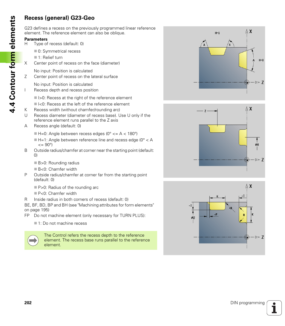 Recess (general) g23-geo, 4 cont our f o rm elements | HEIDENHAIN SW 548328-05 DIN Programming User Manual | Page 202 / 598