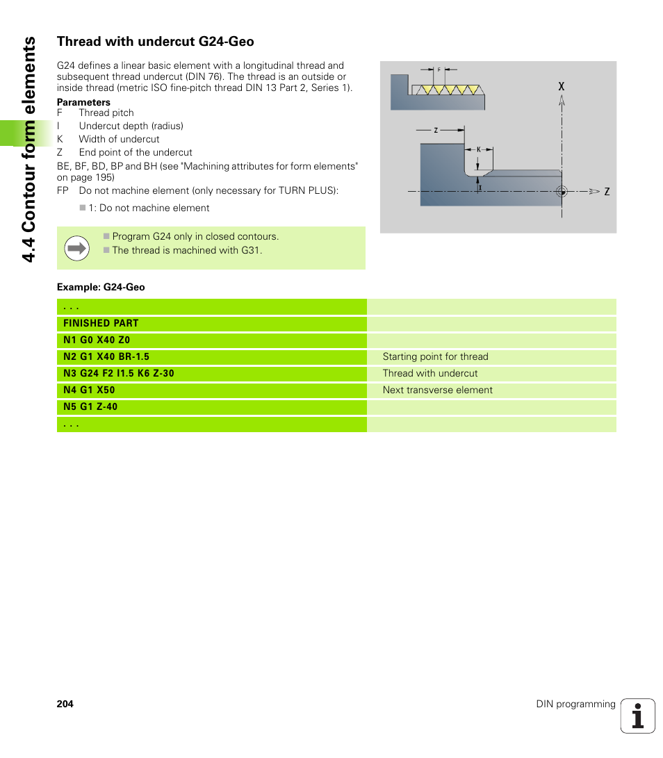 Thread with undercut g24-geo, 4 cont our f o rm elements | HEIDENHAIN SW 548328-05 DIN Programming User Manual | Page 204 / 598