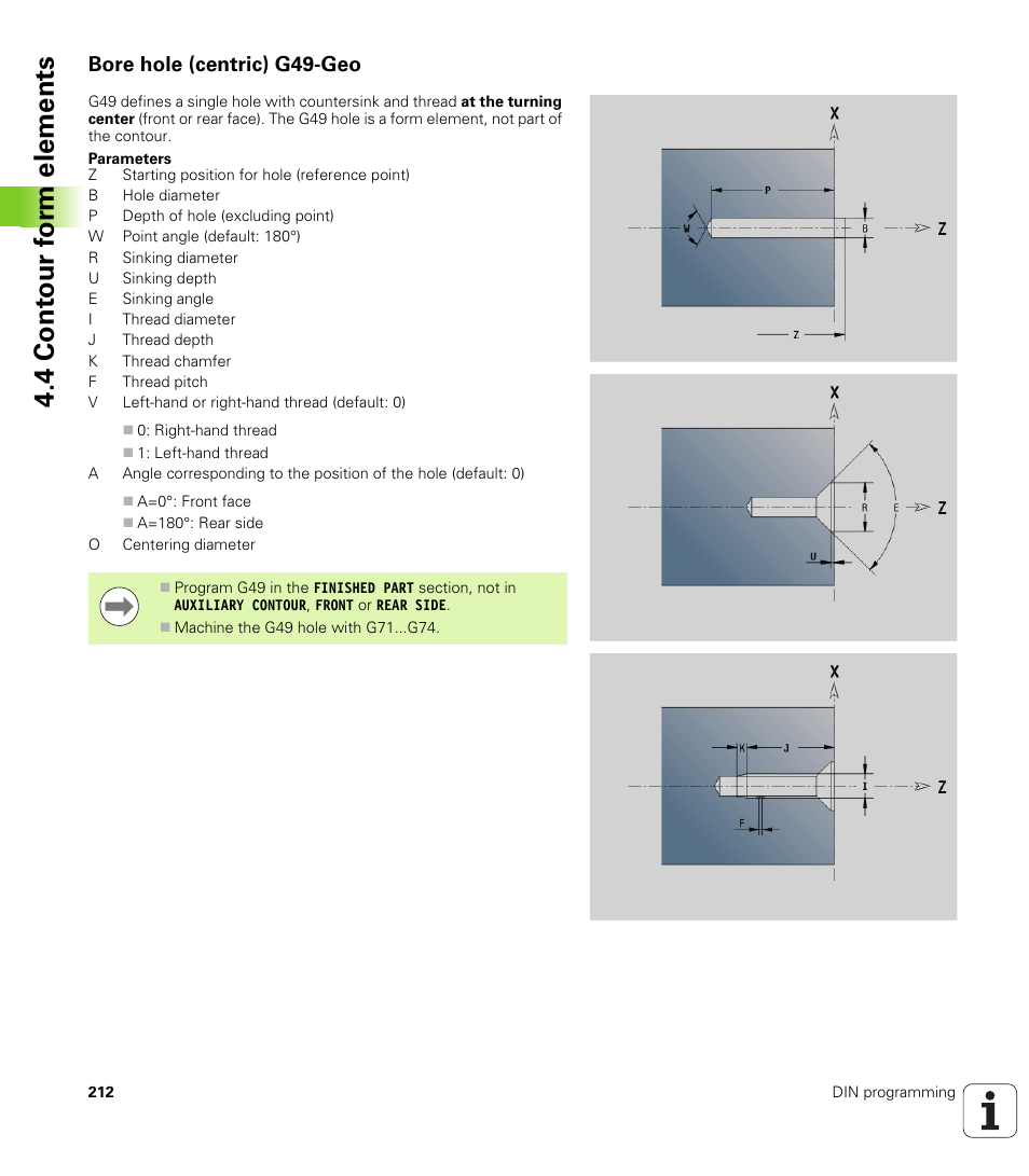 Bore hole (centric) g49-geo, 4 cont our f o rm elements | HEIDENHAIN SW 548328-05 DIN Programming User Manual | Page 212 / 598