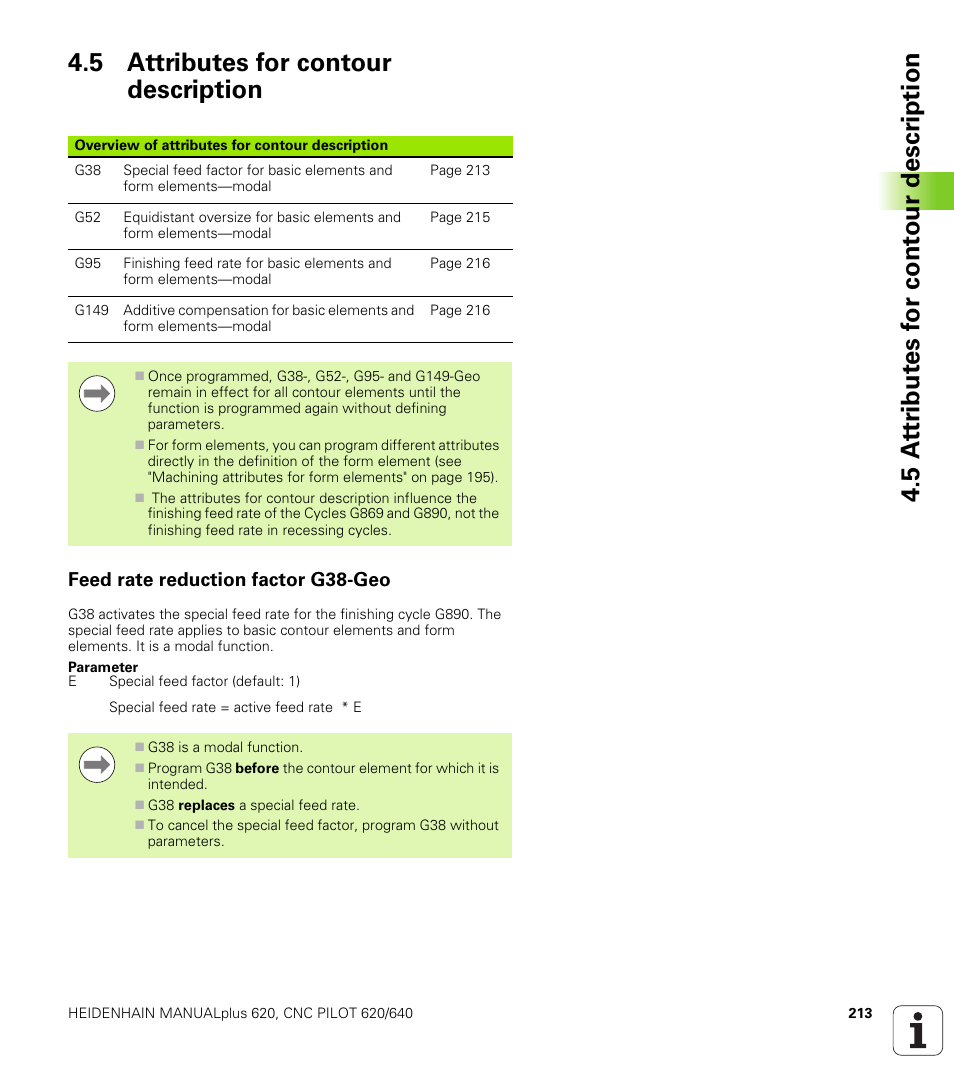 5 attributes for contour description, Feed rate reduction factor g38-geo | HEIDENHAIN SW 548328-05 DIN Programming User Manual | Page 213 / 598