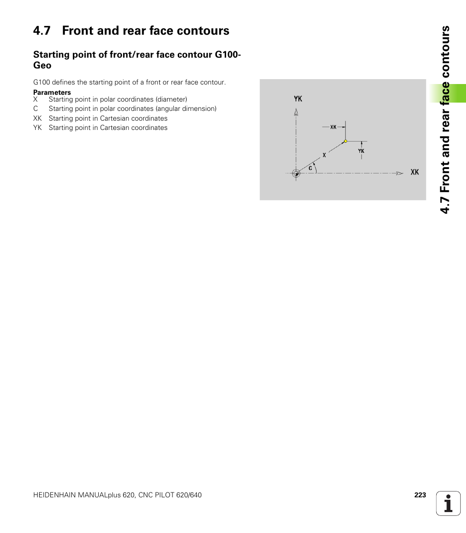 7 front and rear face contours, Starting point of front/rear face contour g100-geo | HEIDENHAIN SW 548328-05 DIN Programming User Manual | Page 223 / 598