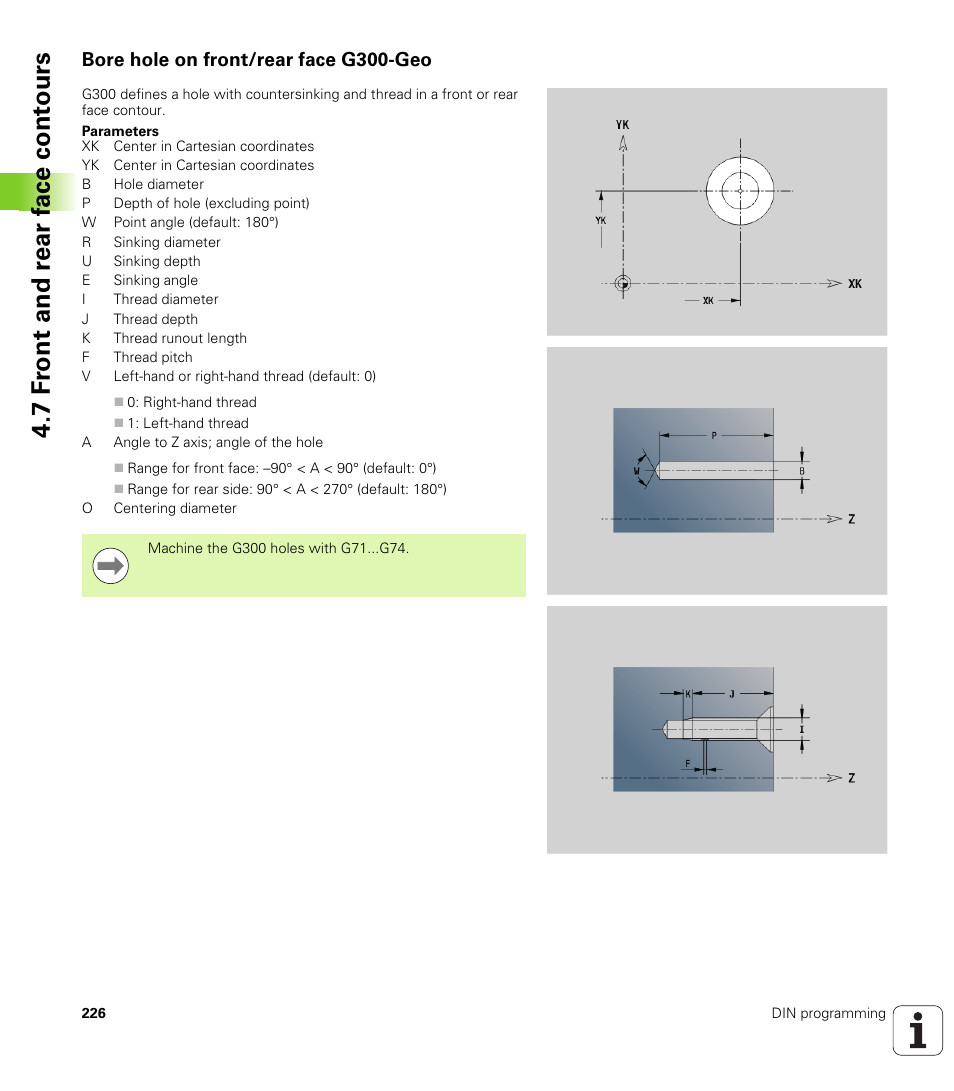 Bore hole on front/rear face g300-geo, 7 f ront and r ear f a ce cont ours | HEIDENHAIN SW 548328-05 DIN Programming User Manual | Page 226 / 598