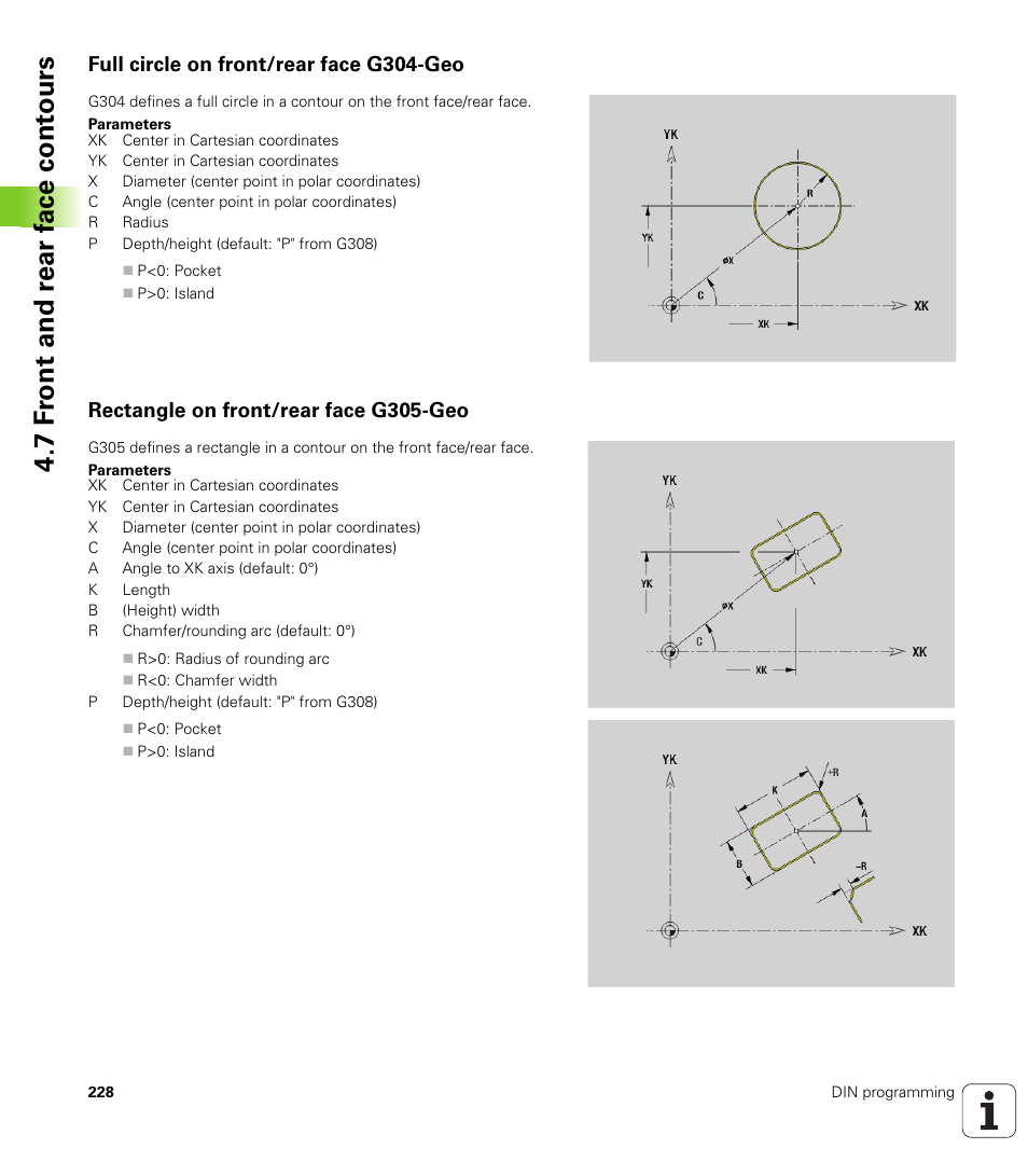 Full circle on front/rear face g304-geo, Rectangle on front/rear face g305-geo, 7 f ront and r ear f a ce cont ours | HEIDENHAIN SW 548328-05 DIN Programming User Manual | Page 228 / 598