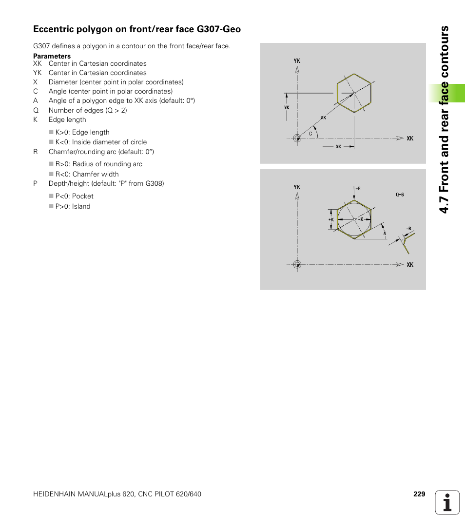 Eccentric polygon on front/rear face g307-geo, 7 f ront and r ear f a ce cont ours | HEIDENHAIN SW 548328-05 DIN Programming User Manual | Page 229 / 598