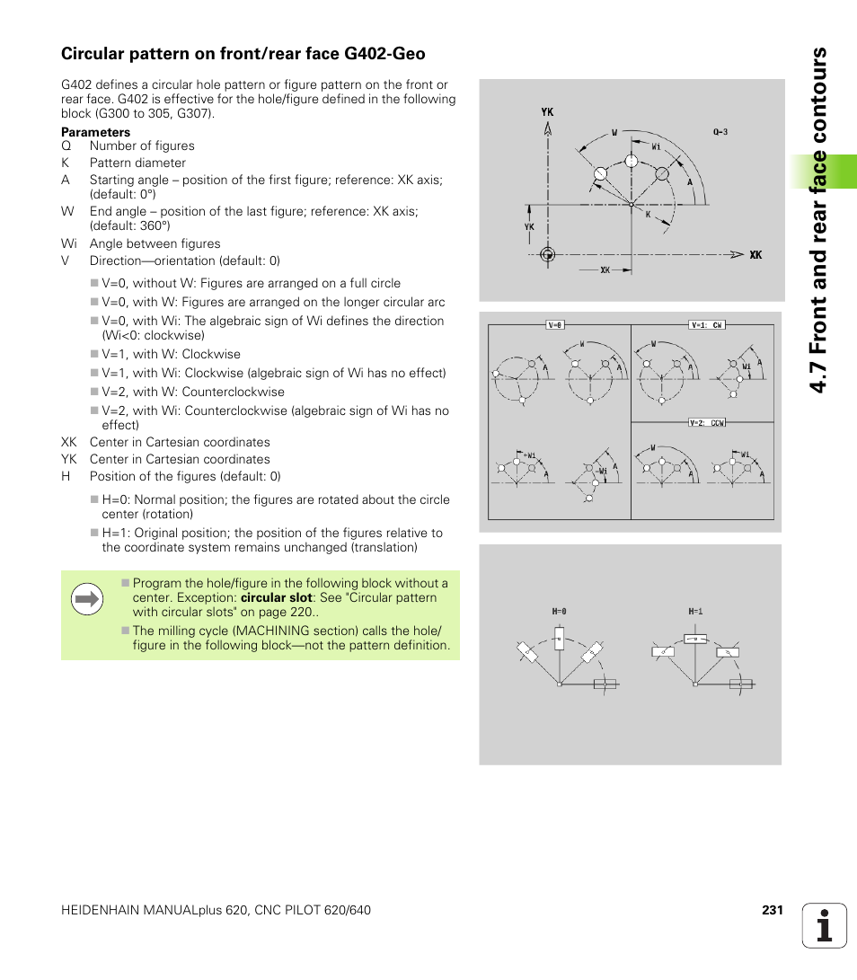 Circular pattern on front/rear face g402-geo, 7 f ront and r ear f a ce cont ours | HEIDENHAIN SW 548328-05 DIN Programming User Manual | Page 231 / 598