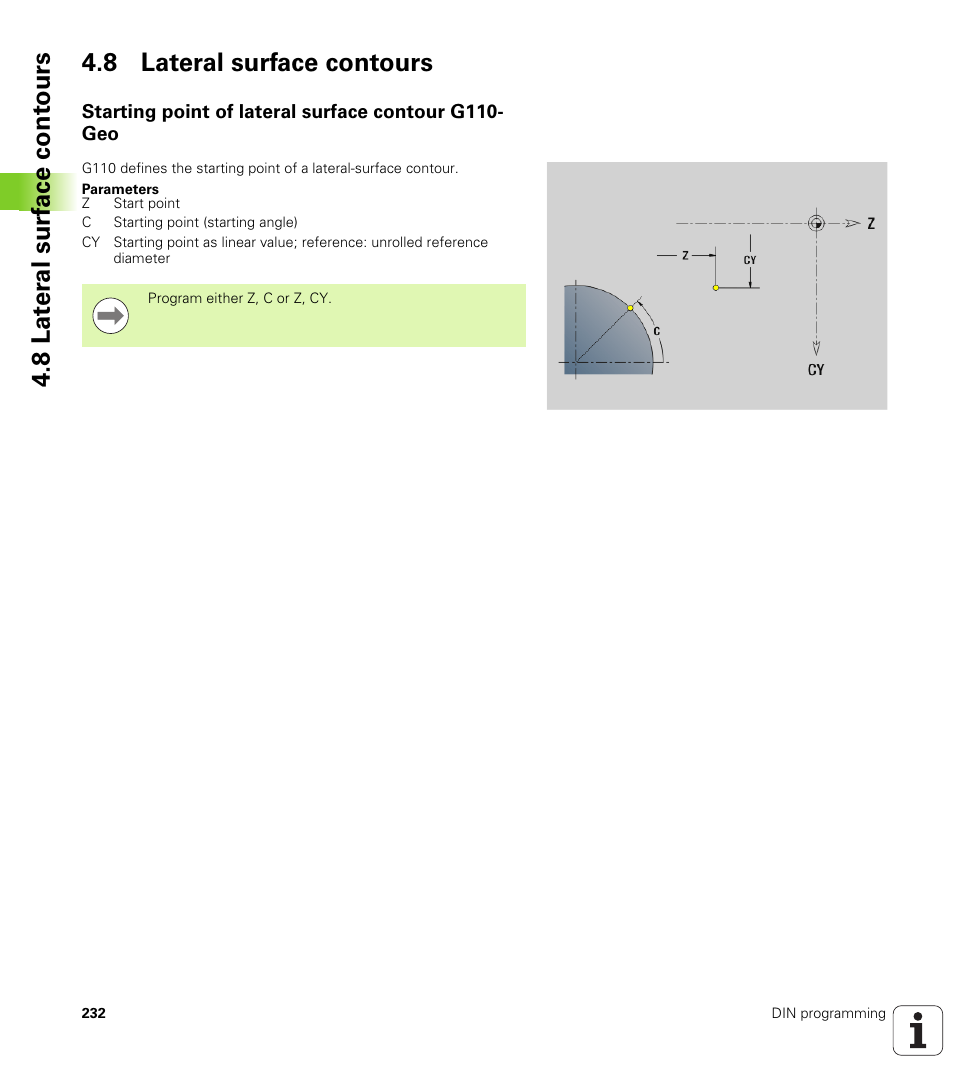 8 lateral surface contours, Starting point of lateral surface contour g110-geo | HEIDENHAIN SW 548328-05 DIN Programming User Manual | Page 232 / 598