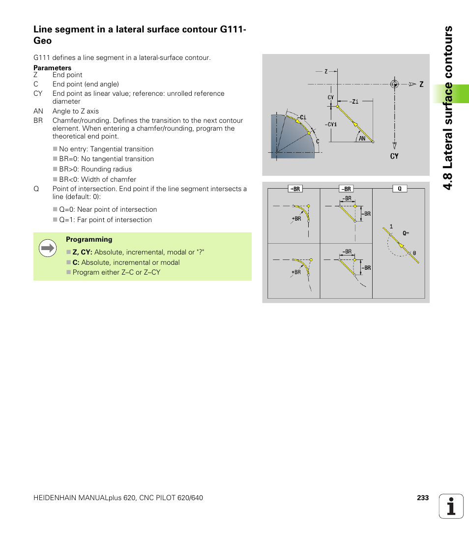 Line segment in a lateral surface contour g111-geo, 8 lat er al surf ace cont ours | HEIDENHAIN SW 548328-05 DIN Programming User Manual | Page 233 / 598