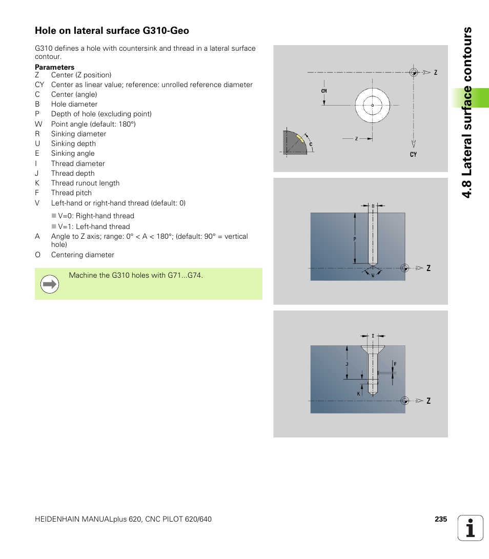Hole on lateral surface g310-geo, 8 lat er al surf ace cont ours | HEIDENHAIN SW 548328-05 DIN Programming User Manual | Page 235 / 598