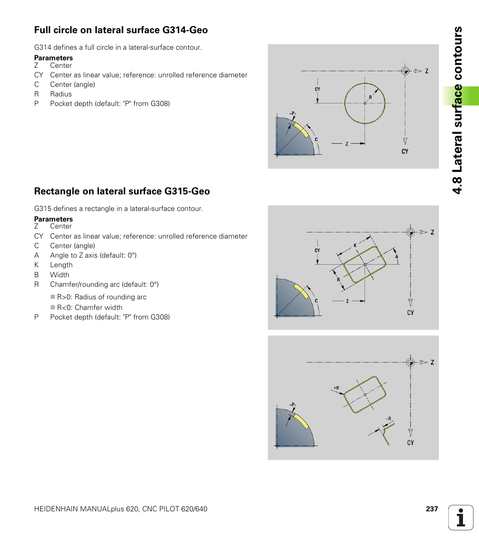 Full circle on lateral surface g314-geo, Rectangle on lateral surface g315-geo, 8 lat er al surf ace cont ours | HEIDENHAIN SW 548328-05 DIN Programming User Manual | Page 237 / 598
