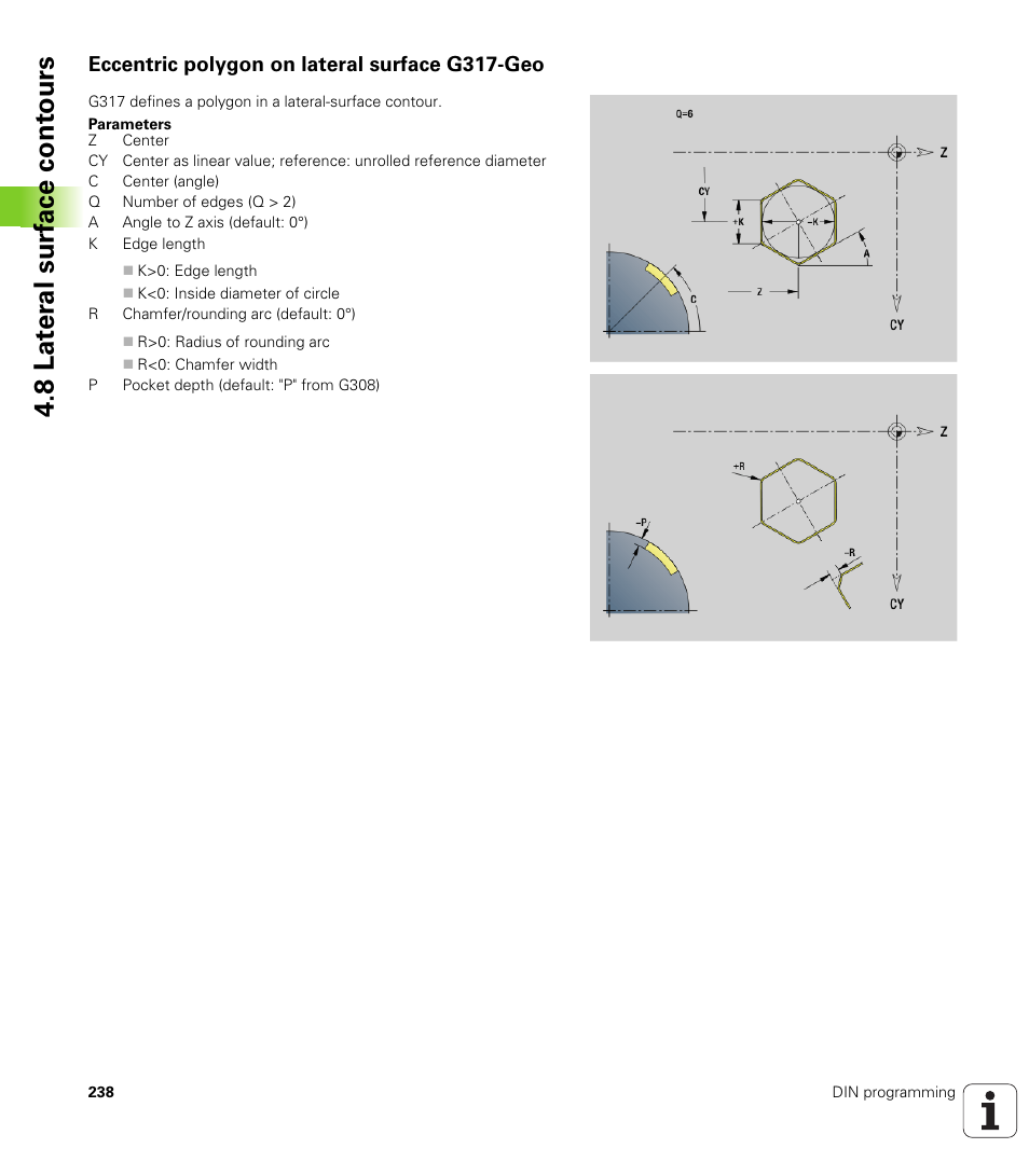 Eccentric polygon on lateral surface g317-geo, 8 lat er al surf ace cont ours | HEIDENHAIN SW 548328-05 DIN Programming User Manual | Page 238 / 598