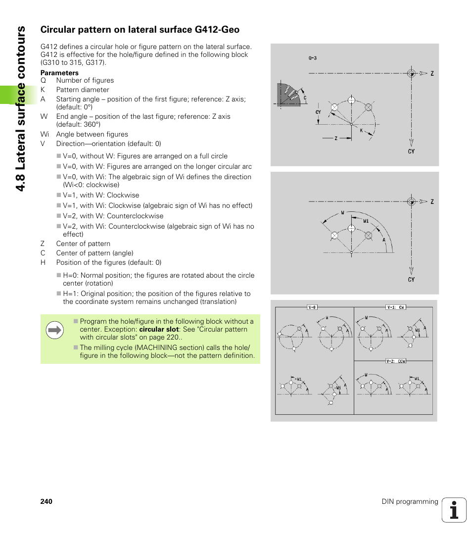 Circular pattern on lateral surface g412-geo, 8 lat er al surf ace cont ours | HEIDENHAIN SW 548328-05 DIN Programming User Manual | Page 240 / 598