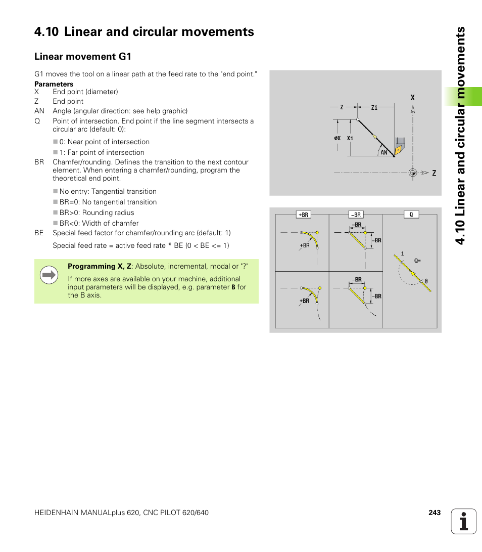 10 linear and circular movements, Linear movement g1 | HEIDENHAIN SW 548328-05 DIN Programming User Manual | Page 243 / 598