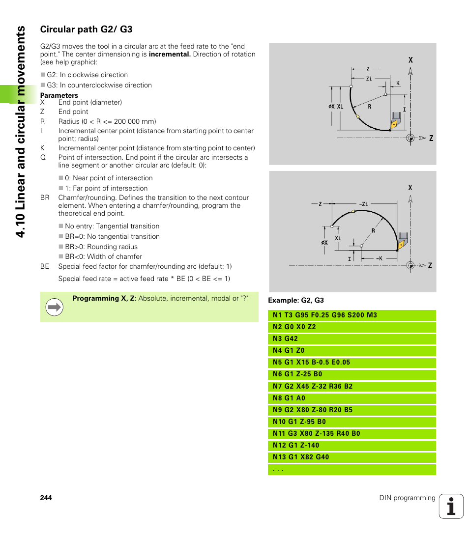 Circular path g2/ g3, 1 0 linear and cir c ular mo v e ments | HEIDENHAIN SW 548328-05 DIN Programming User Manual | Page 244 / 598