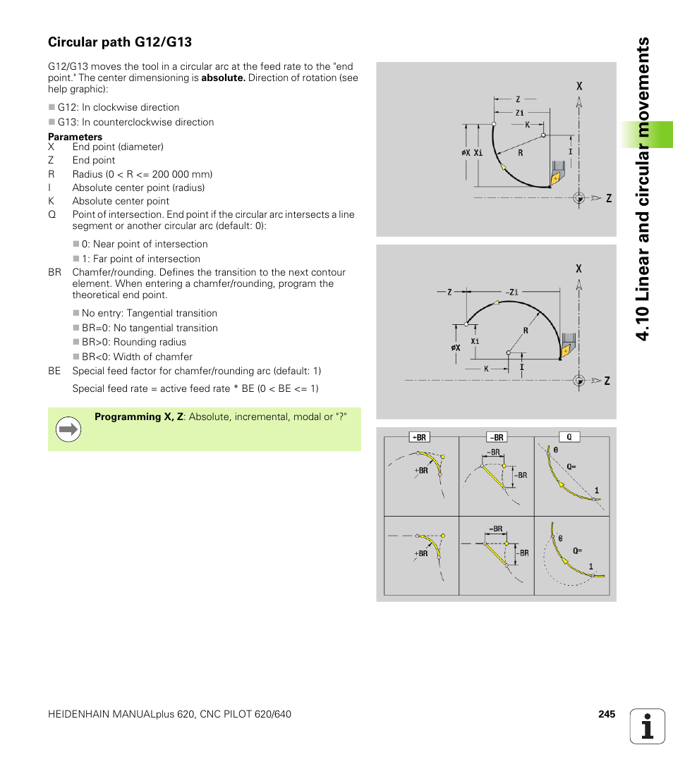 Circular path g12/g13, 1 0 linear and cir c ular mo v e ments | HEIDENHAIN SW 548328-05 DIN Programming User Manual | Page 245 / 598