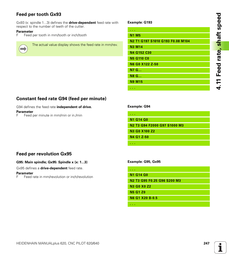 Feed per tooth gx93, Constant feed rate g94 (feed per minute), Feed per revolution gx95 | 1 1 f eed r a te , shaf t speed | HEIDENHAIN SW 548328-05 DIN Programming User Manual | Page 247 / 598