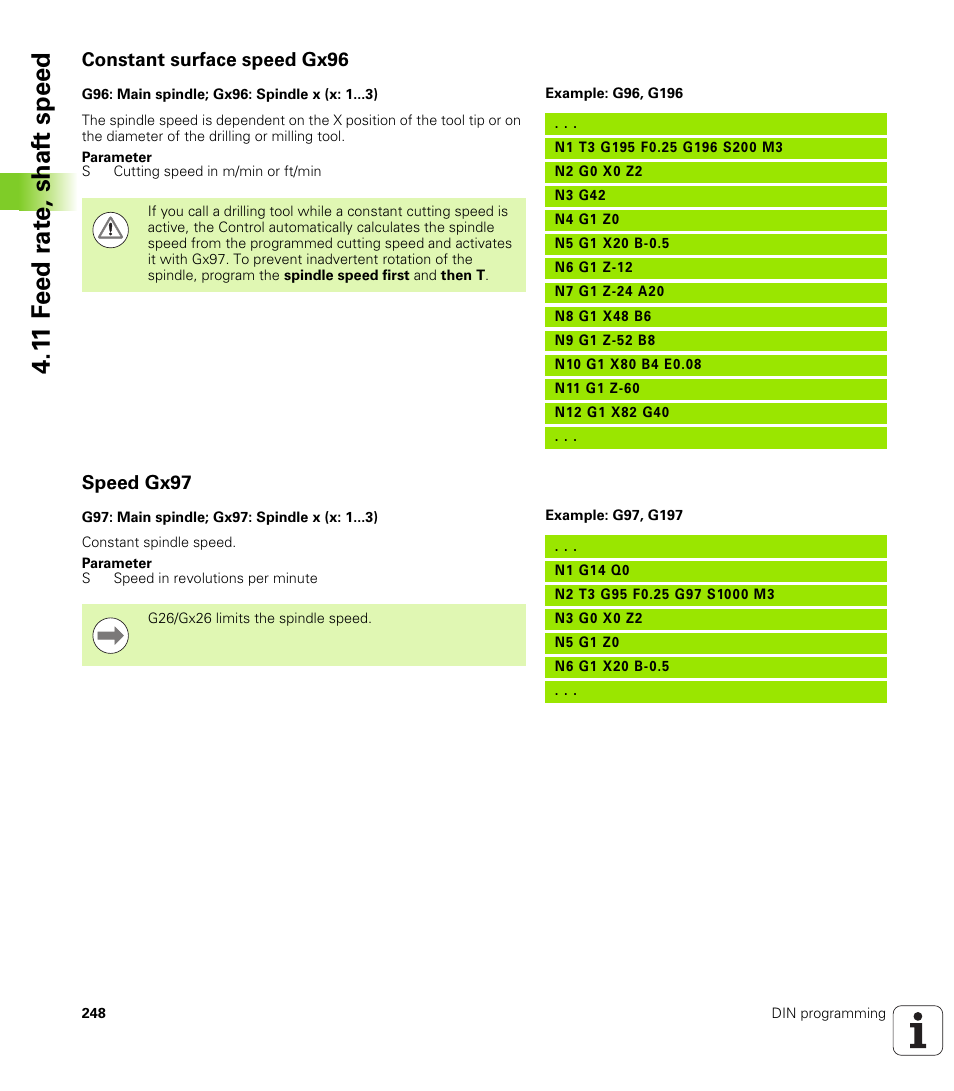 Constant surface speed gx96, Speed gx97, Constant surface speed gx96 speed gx97 | 1 1 f eed r a te , shaf t speed | HEIDENHAIN SW 548328-05 DIN Programming User Manual | Page 248 / 598