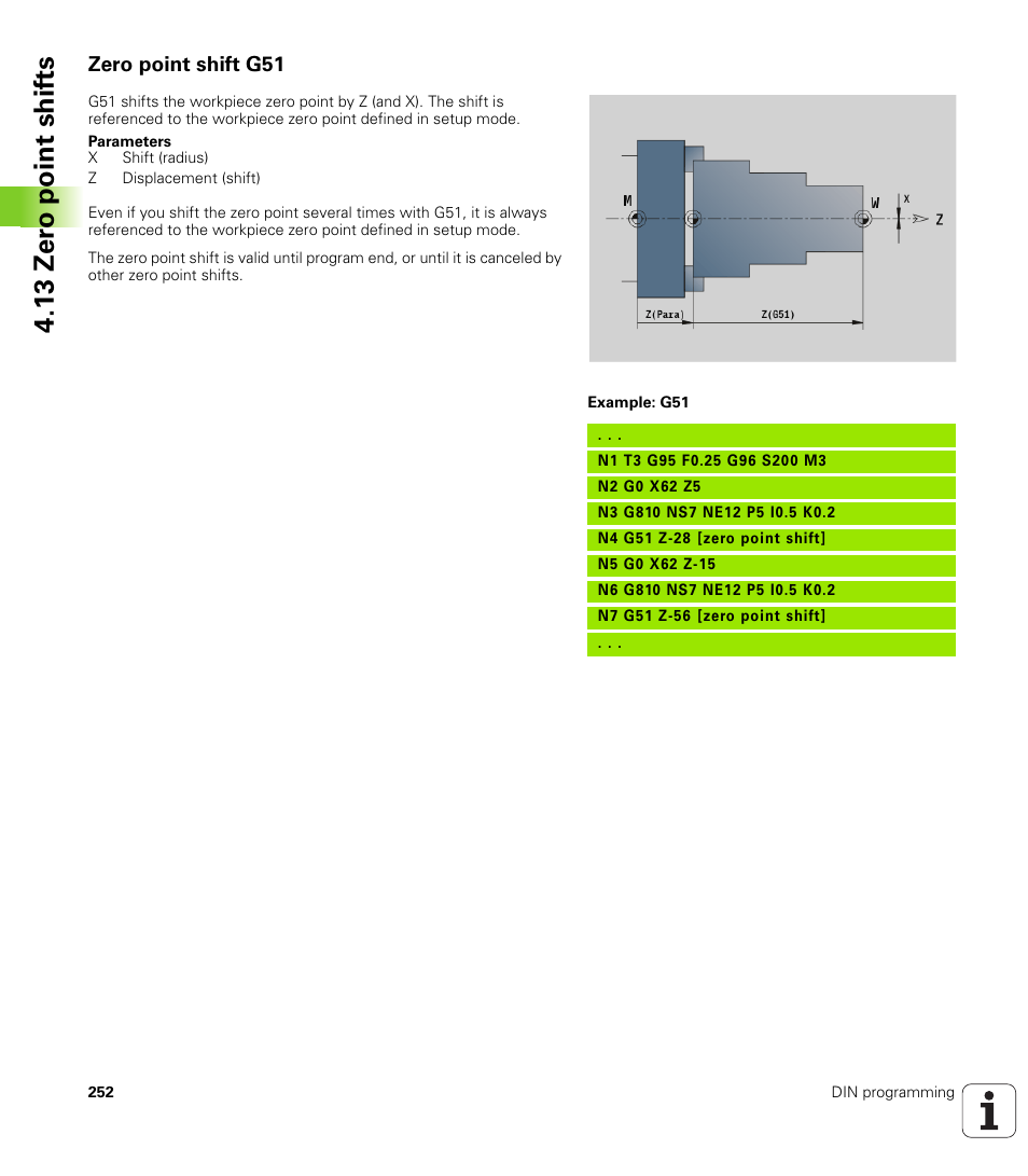 Zero point shift g51, 13 zer o point shif ts | HEIDENHAIN SW 548328-05 DIN Programming User Manual | Page 252 / 598