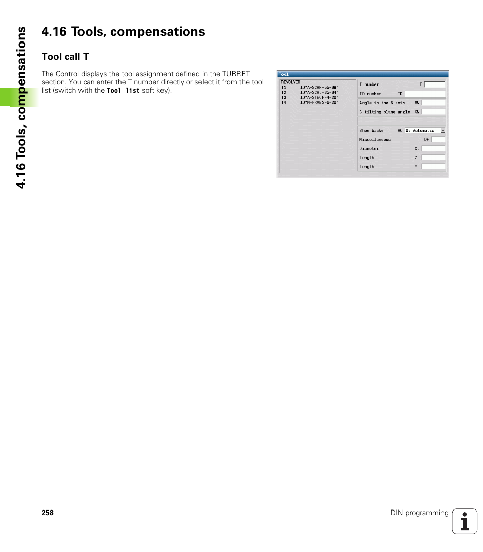 16 tools, compensations, Tool call t | HEIDENHAIN SW 548328-05 DIN Programming User Manual | Page 258 / 598