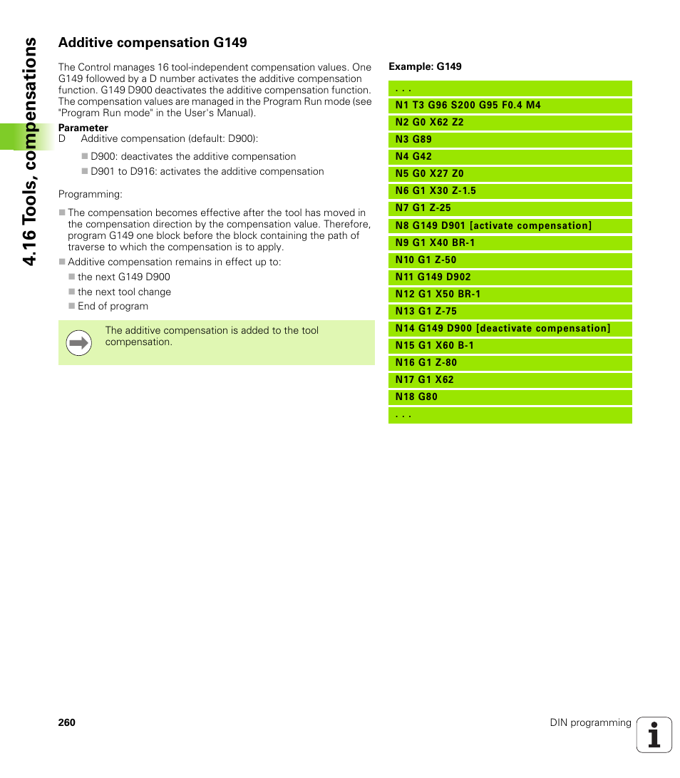 Additive compensation g149, 16 t ools, compensations | HEIDENHAIN SW 548328-05 DIN Programming User Manual | Page 260 / 598