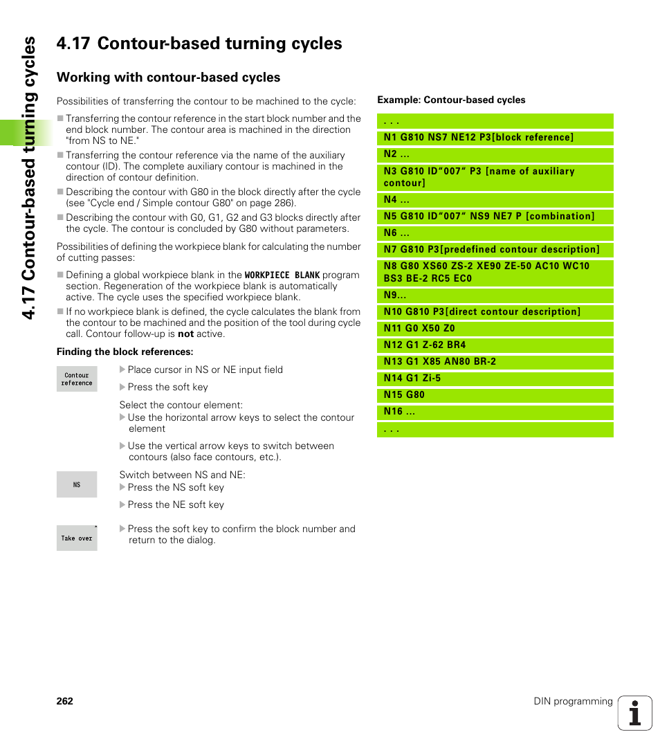 17 contour-based turning cycles, Working with contour-based cycles | HEIDENHAIN SW 548328-05 DIN Programming User Manual | Page 262 / 598