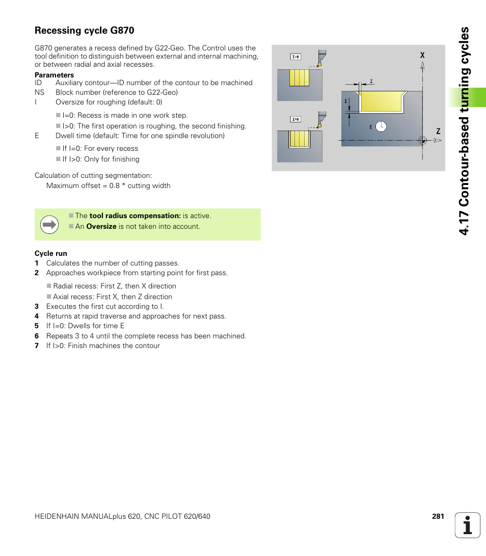 Recessing cycle g870, 1 7 cont our -based t u rn ing cy cles | HEIDENHAIN SW 548328-05 DIN Programming User Manual | Page 281 / 598
