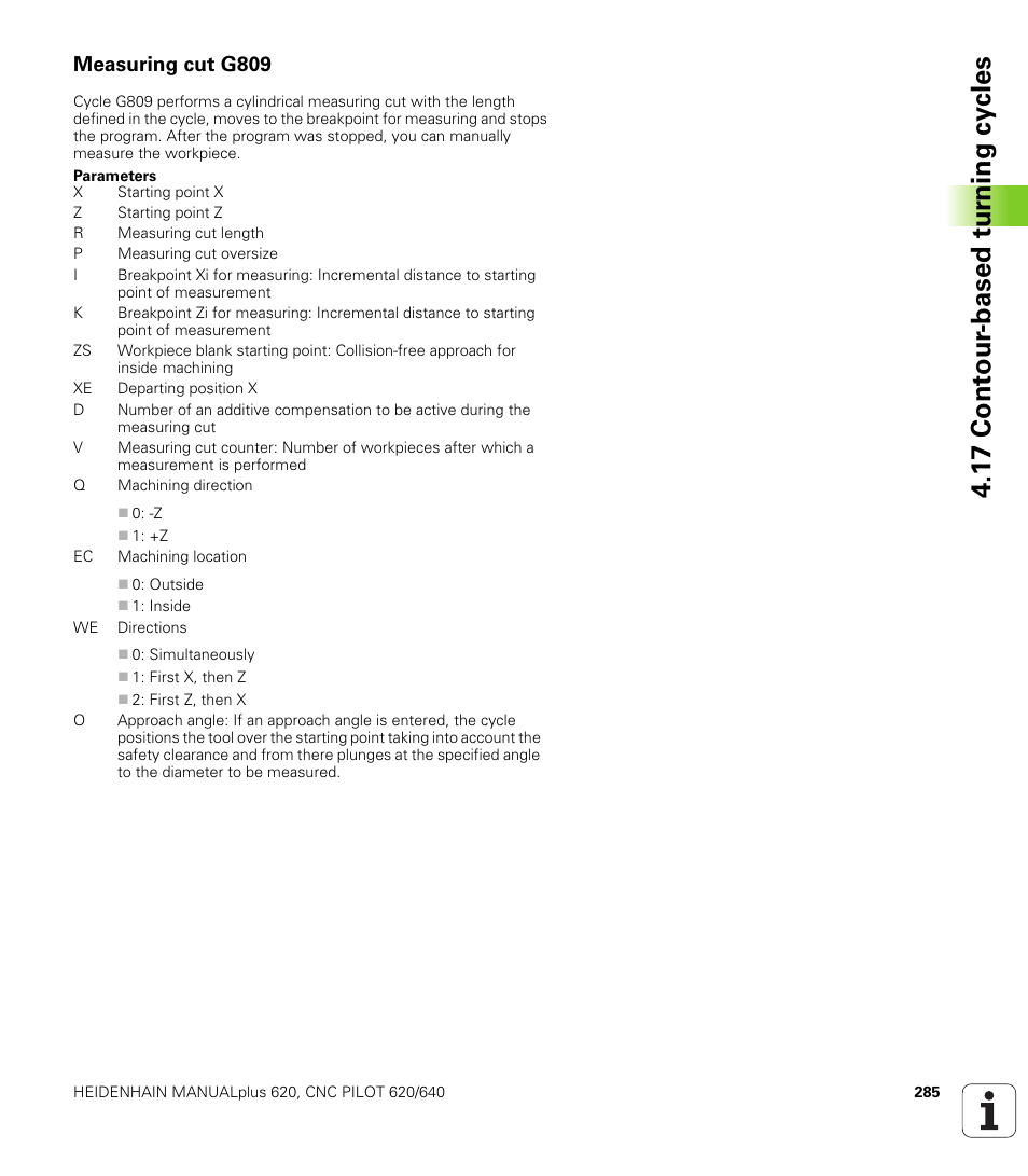 Measuring cut g809, 1 7 cont our -based t u rn ing cy cles | HEIDENHAIN SW 548328-05 DIN Programming User Manual | Page 285 / 598