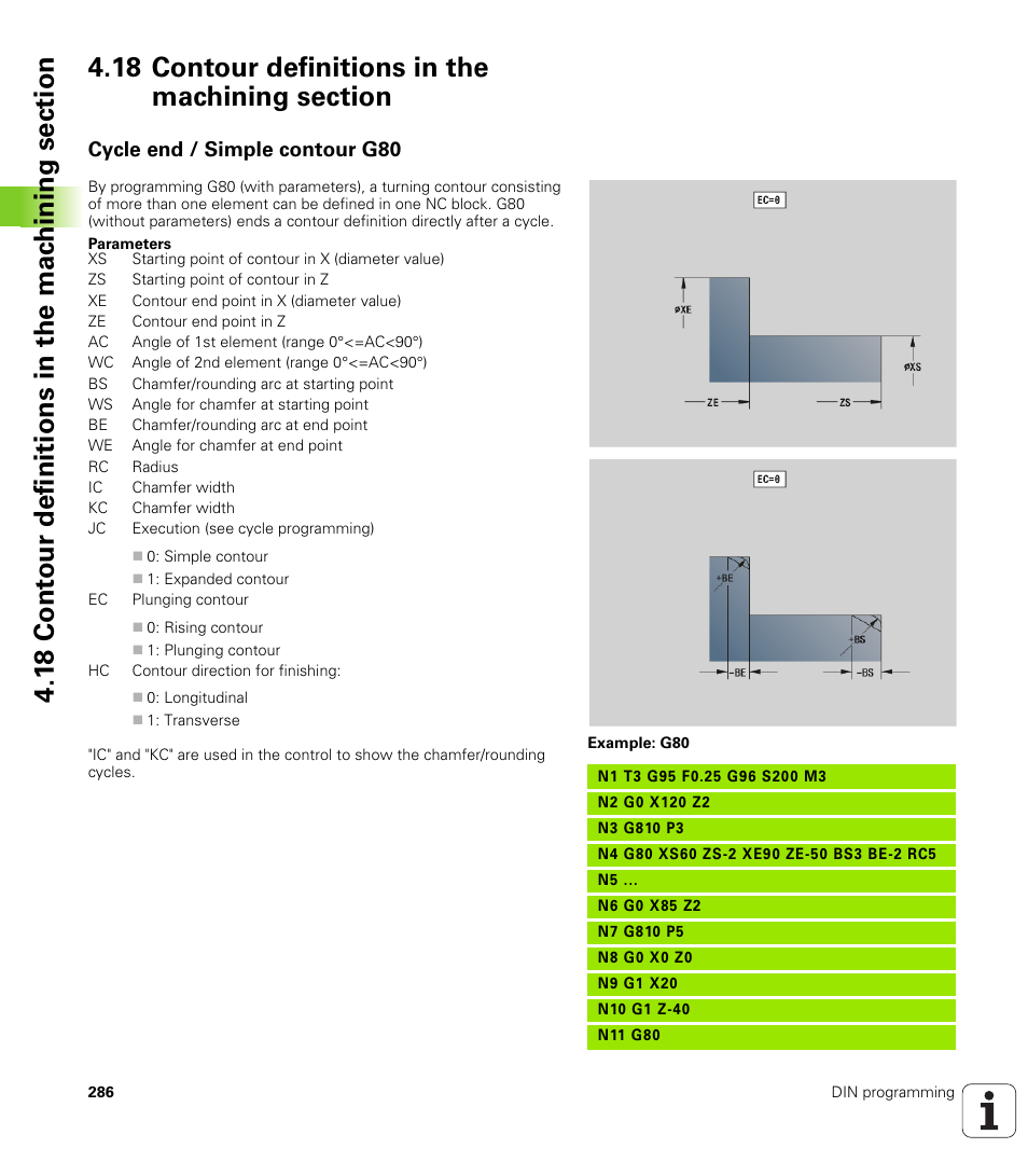 18 contour definitions in the machining section, Cycle end / simple contour g80 | HEIDENHAIN SW 548328-05 DIN Programming User Manual | Page 286 / 598