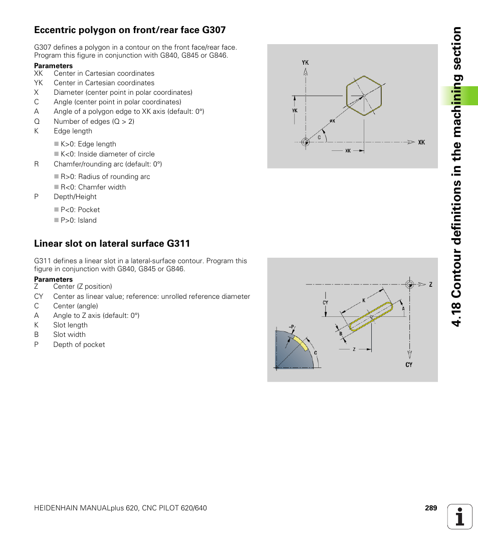 Eccentric polygon on front/rear face g307, Linear slot on lateral surface g311 | HEIDENHAIN SW 548328-05 DIN Programming User Manual | Page 289 / 598