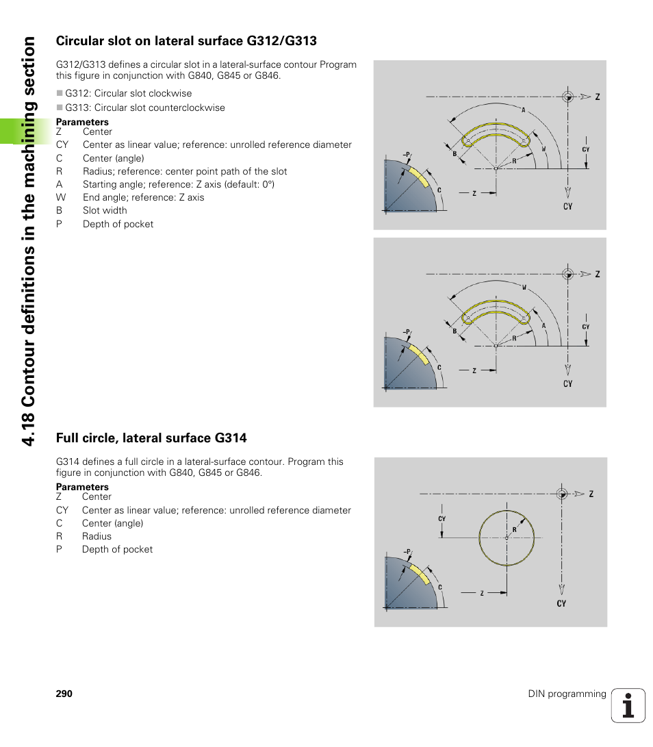 Circular slot on lateral surface g312/g313, Full circle, lateral surface g314 | HEIDENHAIN SW 548328-05 DIN Programming User Manual | Page 290 / 598