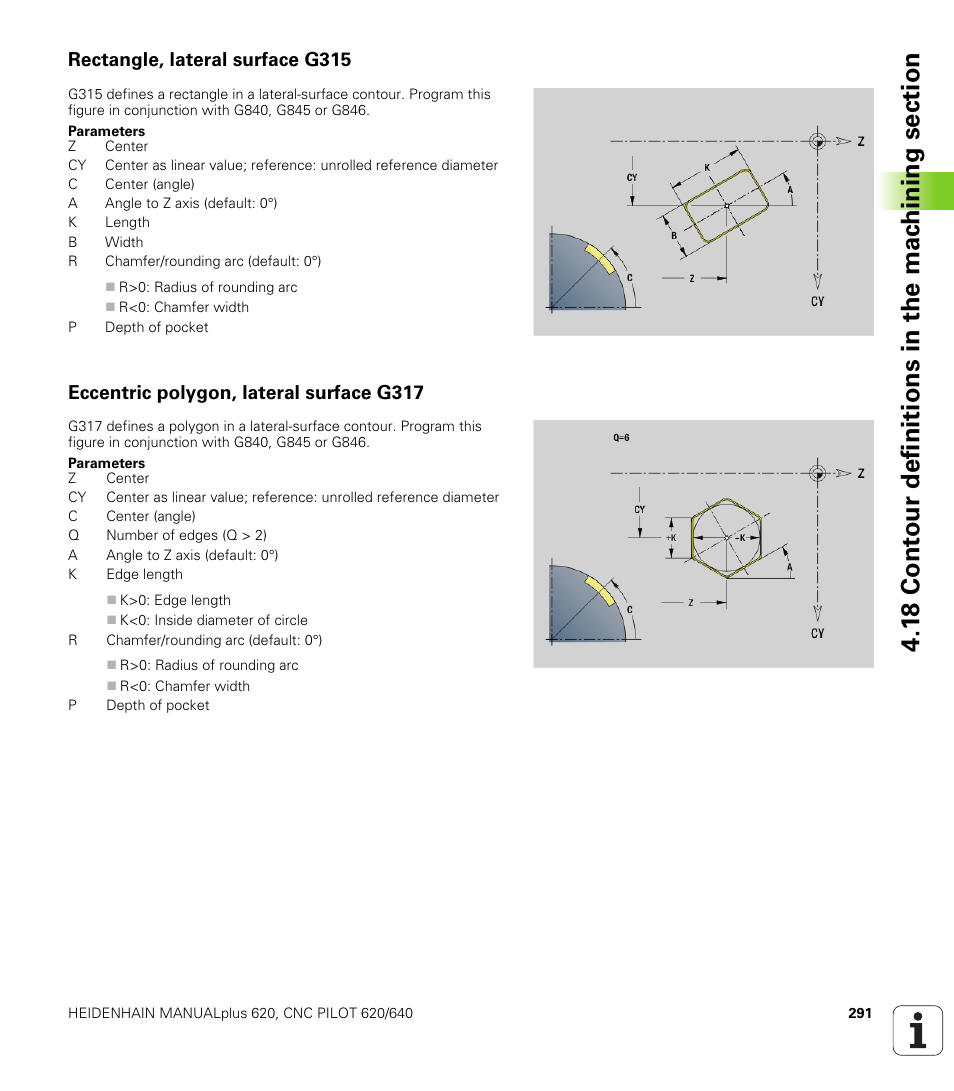 Rectangle, lateral surface g315, Eccentric polygon, lateral surface g317 | HEIDENHAIN SW 548328-05 DIN Programming User Manual | Page 291 / 598