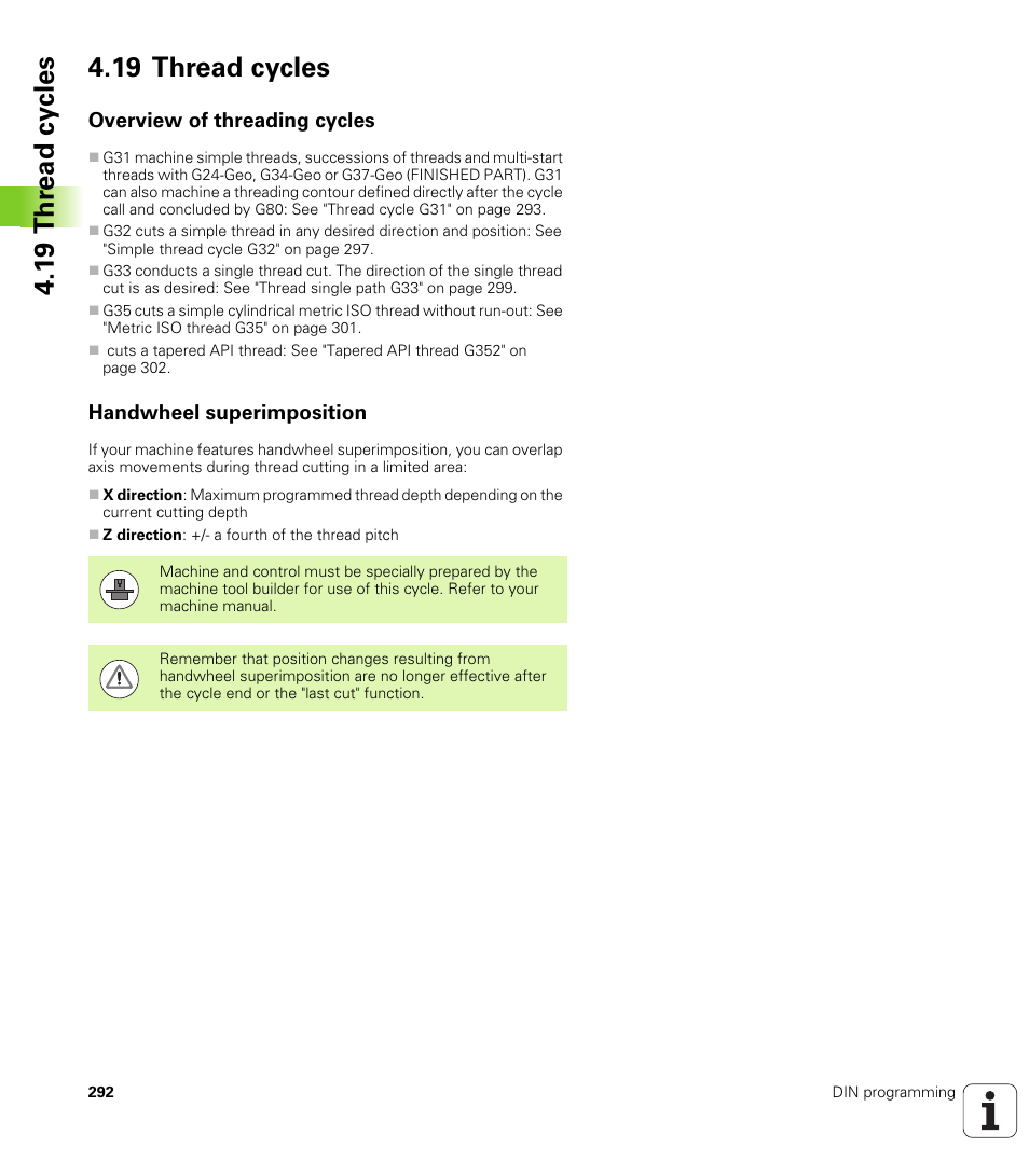 19 thread cycles, Overview of threading cycles, Handwheel superimposition | HEIDENHAIN SW 548328-05 DIN Programming User Manual | Page 292 / 598