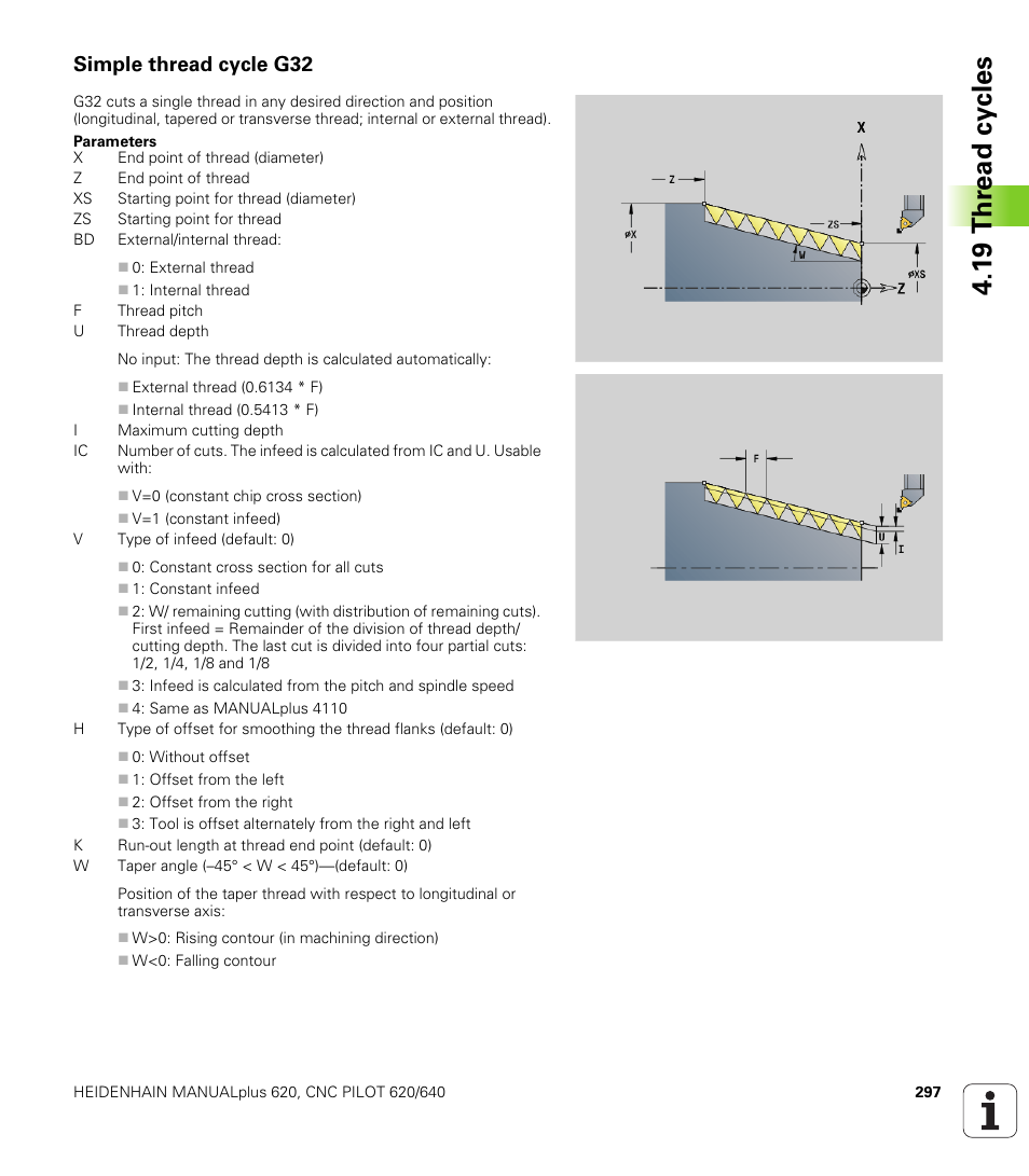 Simple thread cycle g32, N: see, 1 9 thr ead cy cles | HEIDENHAIN SW 548328-05 DIN Programming User Manual | Page 297 / 598