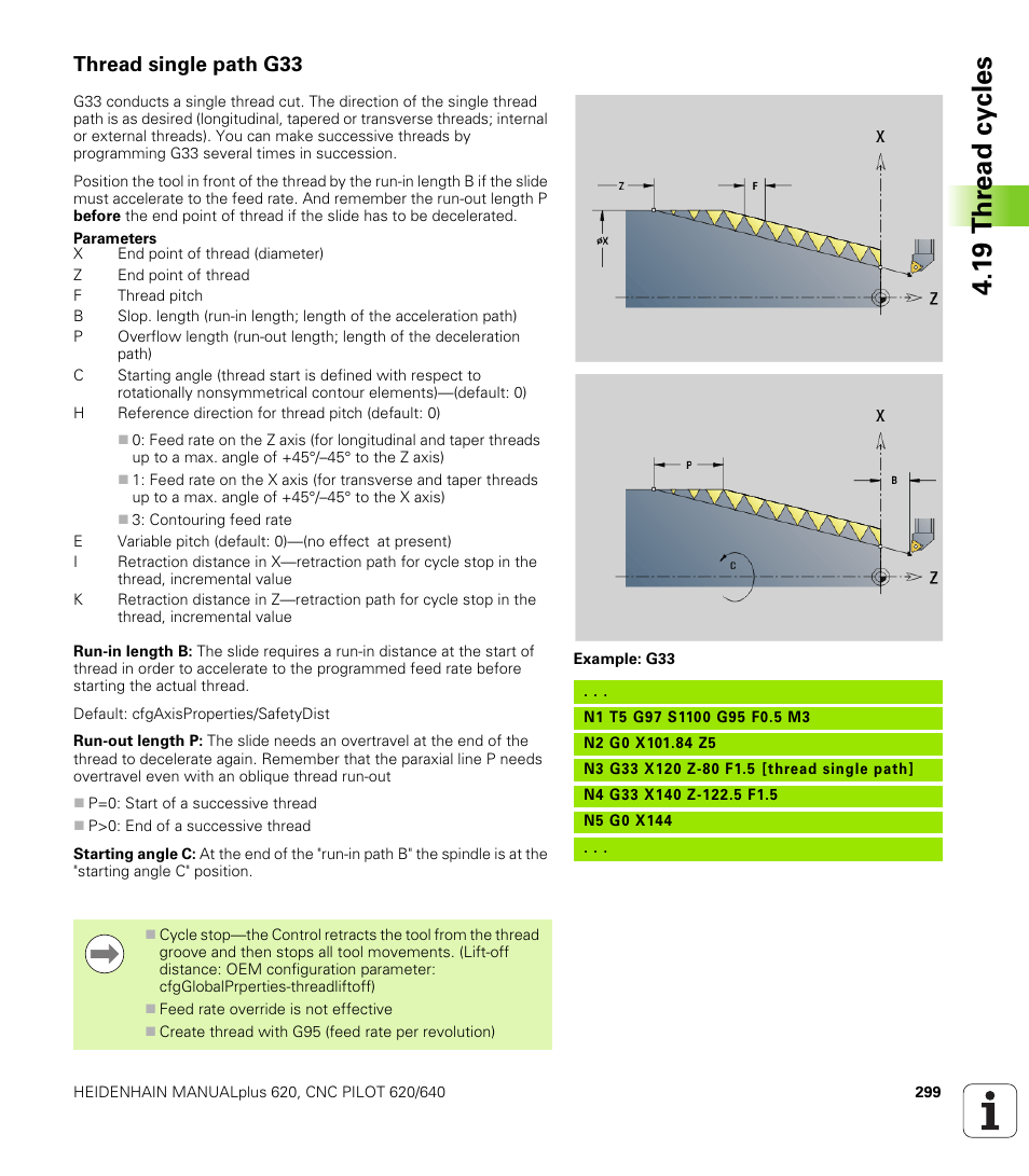 Thread single path g33, 1 9 thr ead cy cles | HEIDENHAIN SW 548328-05 DIN Programming User Manual | Page 299 / 598