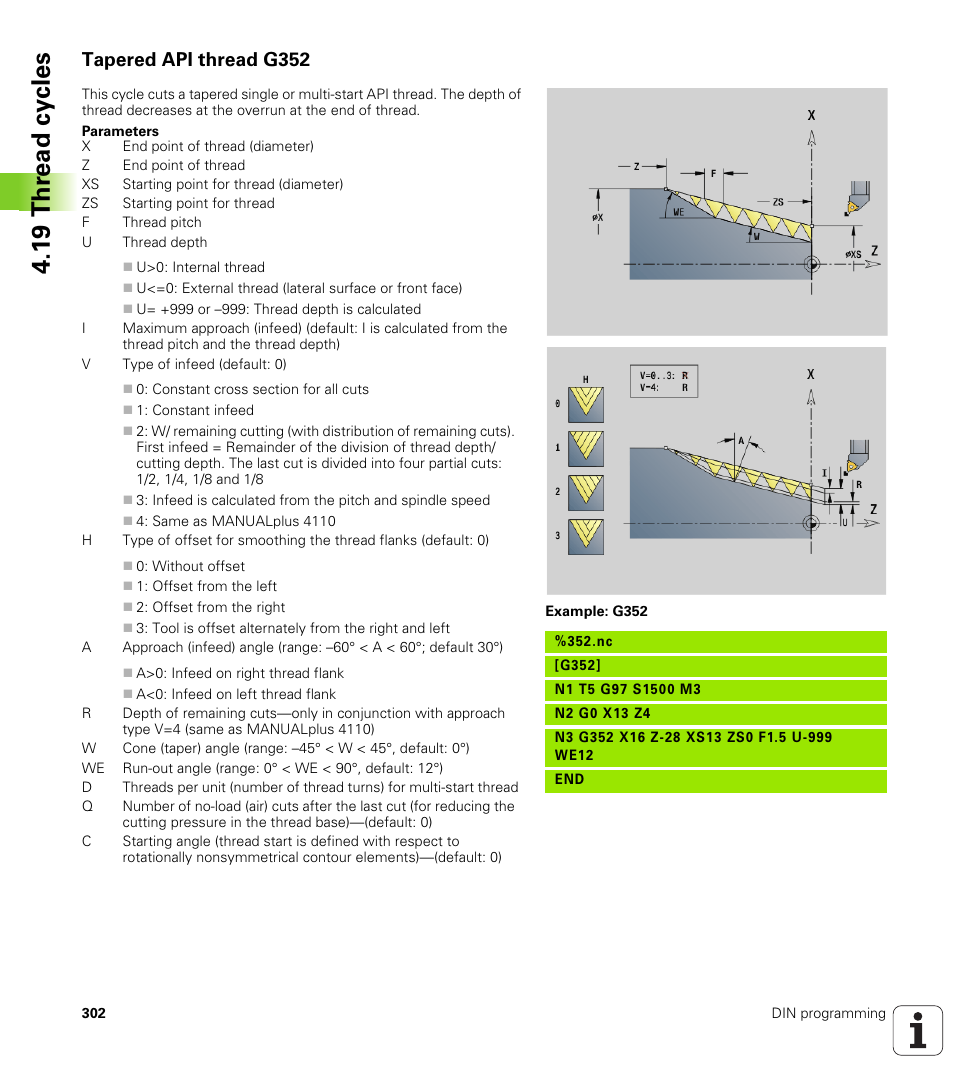 Tapered api thread g352, See "tapered api thread g352" on, 1 9 thr ead cy cles | HEIDENHAIN SW 548328-05 DIN Programming User Manual | Page 302 / 598