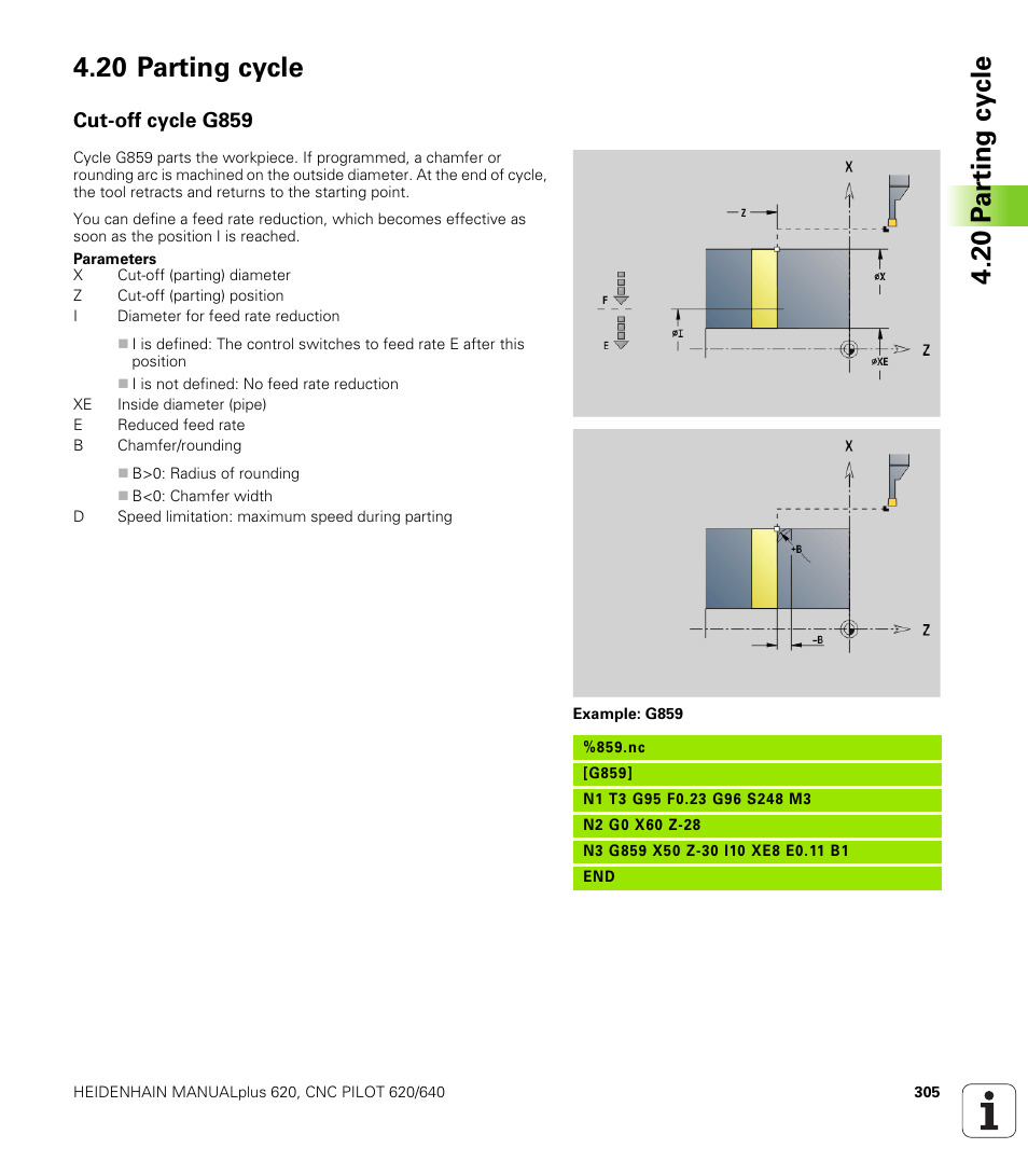 20 parting cycle, Cut-off cycle g859 | HEIDENHAIN SW 548328-05 DIN Programming User Manual | Page 305 / 598