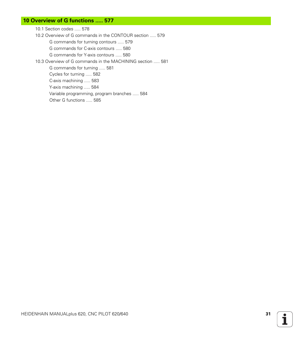 10 overview of g functions | HEIDENHAIN SW 548328-05 DIN Programming User Manual | Page 31 / 598