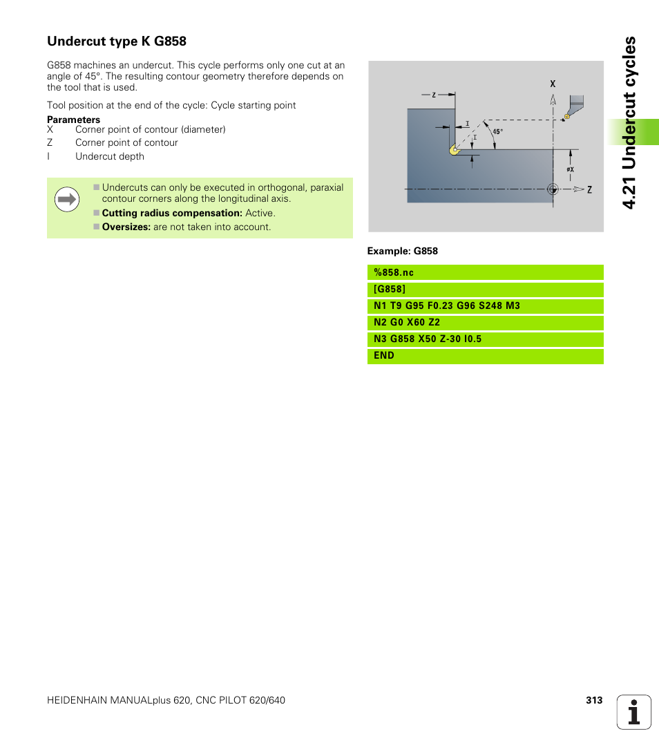 Undercut type k g858, 21 under c ut cy cles | HEIDENHAIN SW 548328-05 DIN Programming User Manual | Page 313 / 598