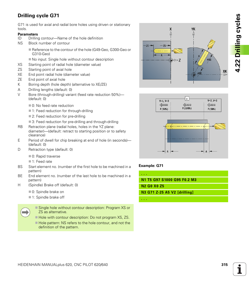 Drilling cycle g71, 22 dr illing cy cles | HEIDENHAIN SW 548328-05 DIN Programming User Manual | Page 315 / 598
