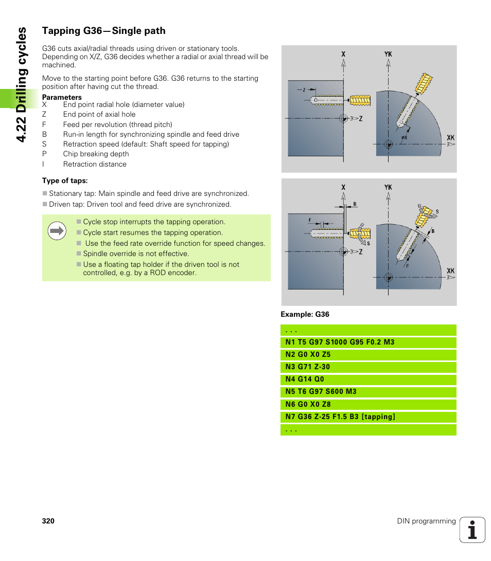 Tapping g36—single path, 22 dr illing cy cles | HEIDENHAIN SW 548328-05 DIN Programming User Manual | Page 320 / 598