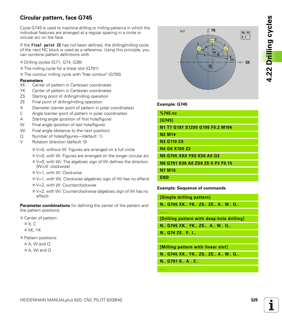 Circular pattern, face g745, 22 dr illing cy cles | HEIDENHAIN SW 548328-05 DIN Programming User Manual | Page 325 / 598