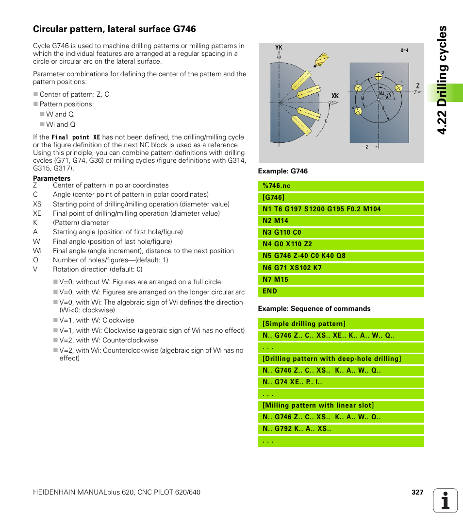 Circular pattern, lateral surface g746, 22 dr illing cy cles | HEIDENHAIN SW 548328-05 DIN Programming User Manual | Page 327 / 598