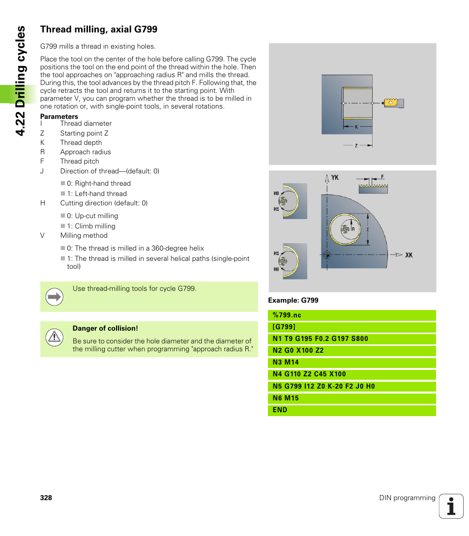 Thread milling, axial g799, 22 dr illing cy cles | HEIDENHAIN SW 548328-05 DIN Programming User Manual | Page 328 / 598