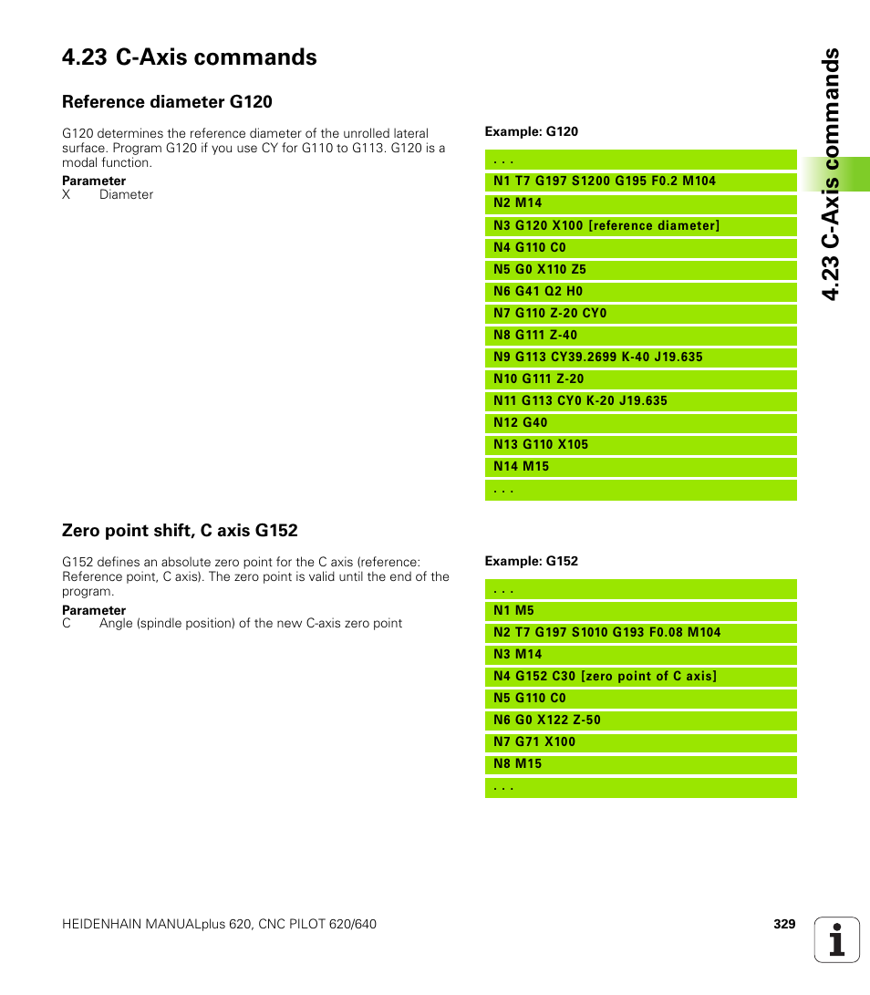 23 c-axis commands, Reference diameter g120, Zero point shift, c axis g152 | HEIDENHAIN SW 548328-05 DIN Programming User Manual | Page 329 / 598