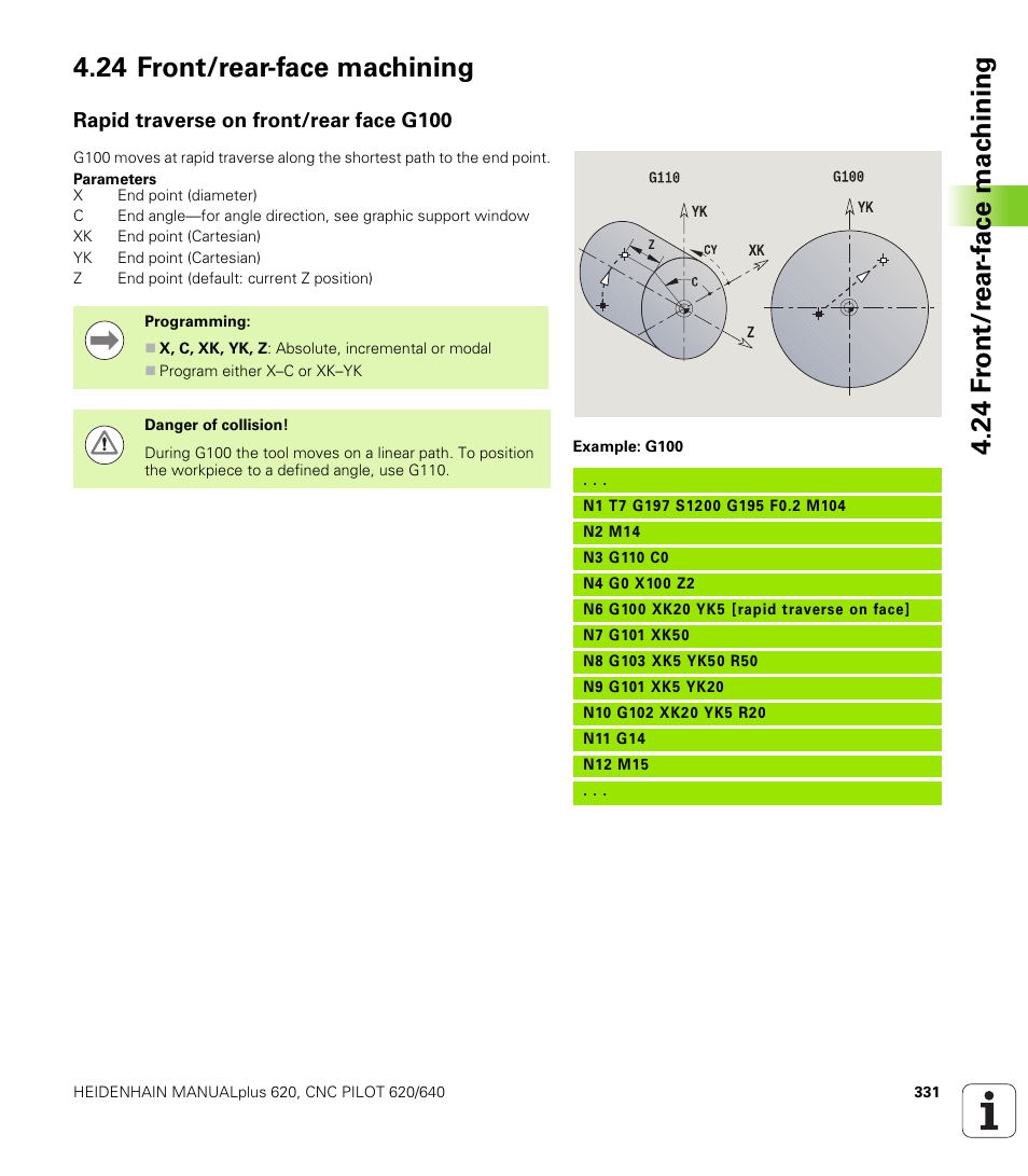 24 front/rear-face machining, Rapid traverse on front/rear face g100 | HEIDENHAIN SW 548328-05 DIN Programming User Manual | Page 331 / 598