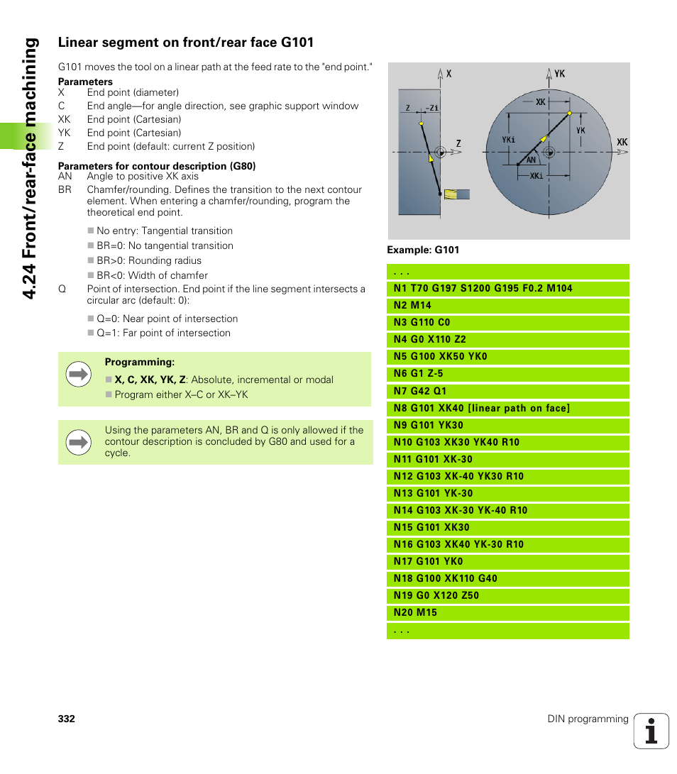 Linear segment on front/rear face g101, 24 f ront/r ear -f ace mac h ining | HEIDENHAIN SW 548328-05 DIN Programming User Manual | Page 332 / 598