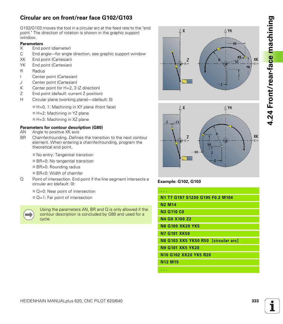 Circular arc on front/rear face g102/g103, 24 f ront/r ear -f ace mac h ining | HEIDENHAIN SW 548328-05 DIN Programming User Manual | Page 333 / 598