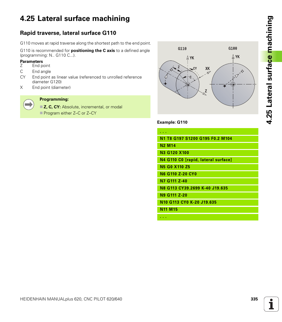 25 lateral surface machining, Rapid traverse, lateral surface g110 | HEIDENHAIN SW 548328-05 DIN Programming User Manual | Page 335 / 598