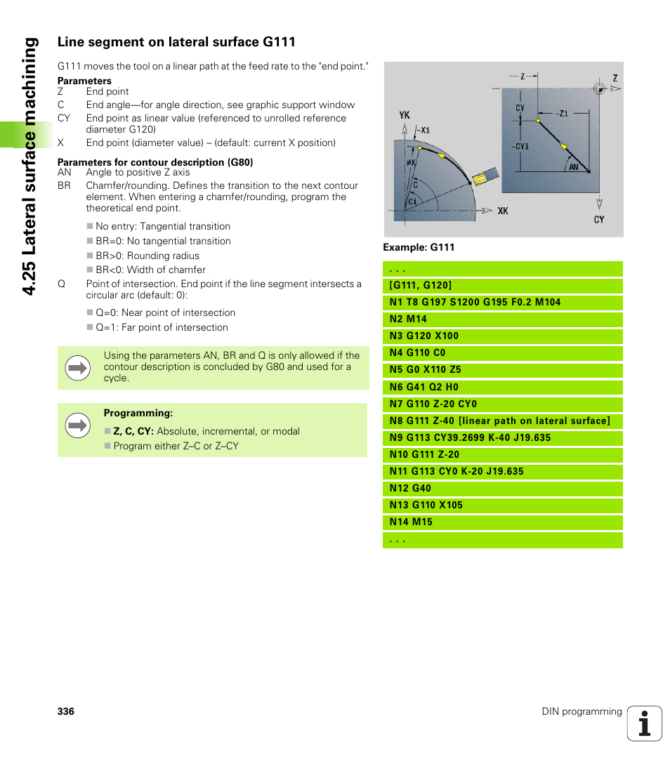 Line segment on lateral surface g111, 25 lat er al surf ace mac h ining | HEIDENHAIN SW 548328-05 DIN Programming User Manual | Page 336 / 598