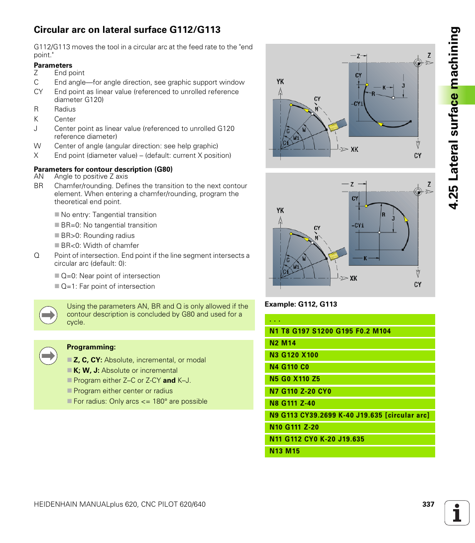 Circular arc on lateral surface g112/g113, 25 lat er al surf ace mac h ining | HEIDENHAIN SW 548328-05 DIN Programming User Manual | Page 337 / 598